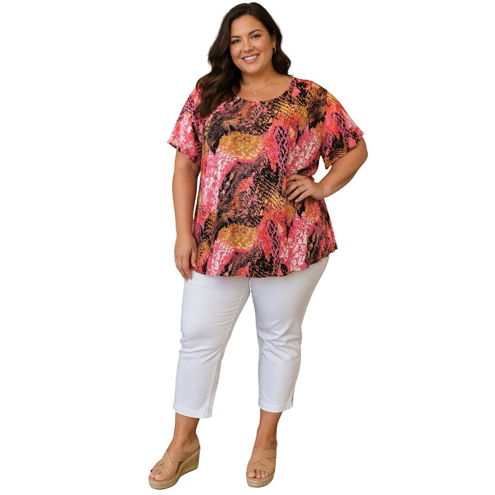 Metro 22 sz 3X pink gold colorful bright career casual geo top short sleeve EUC